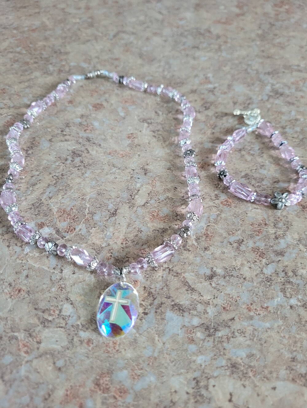 Pink Crystal Cross Pendant Necklace and Bracelet Set
